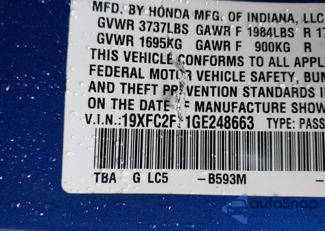 2016 Honda Civic Lx z USA, uszkodzony, nr VIN 19XFC2F51GE248663